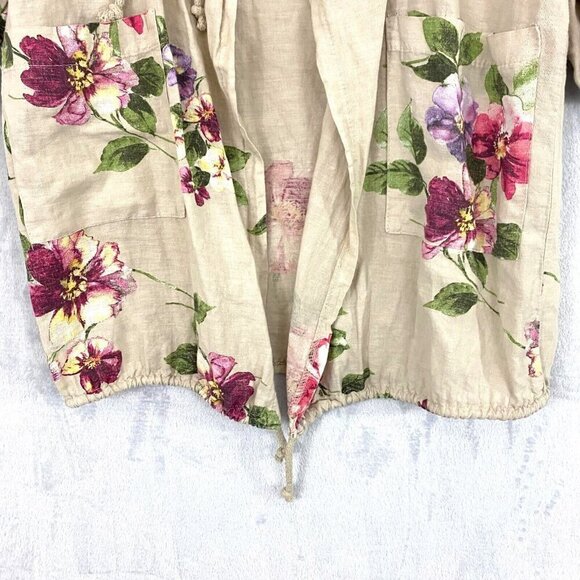 Coral Bay Floral Oversized Linen Open Front Jacket PM Petite Medium Beach Beige - Picture 9 of 16